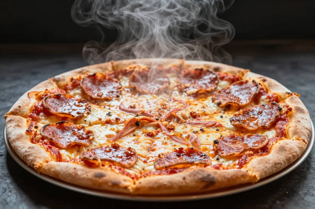 A freshly baked pepperoni pizza with rising steam rests on a metal pan against a dark background