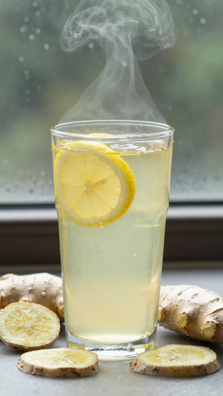 A clear glass of steaming ginger lemon tea sits on a windowsill beside fresh ginger and lemon slices with rain on the window