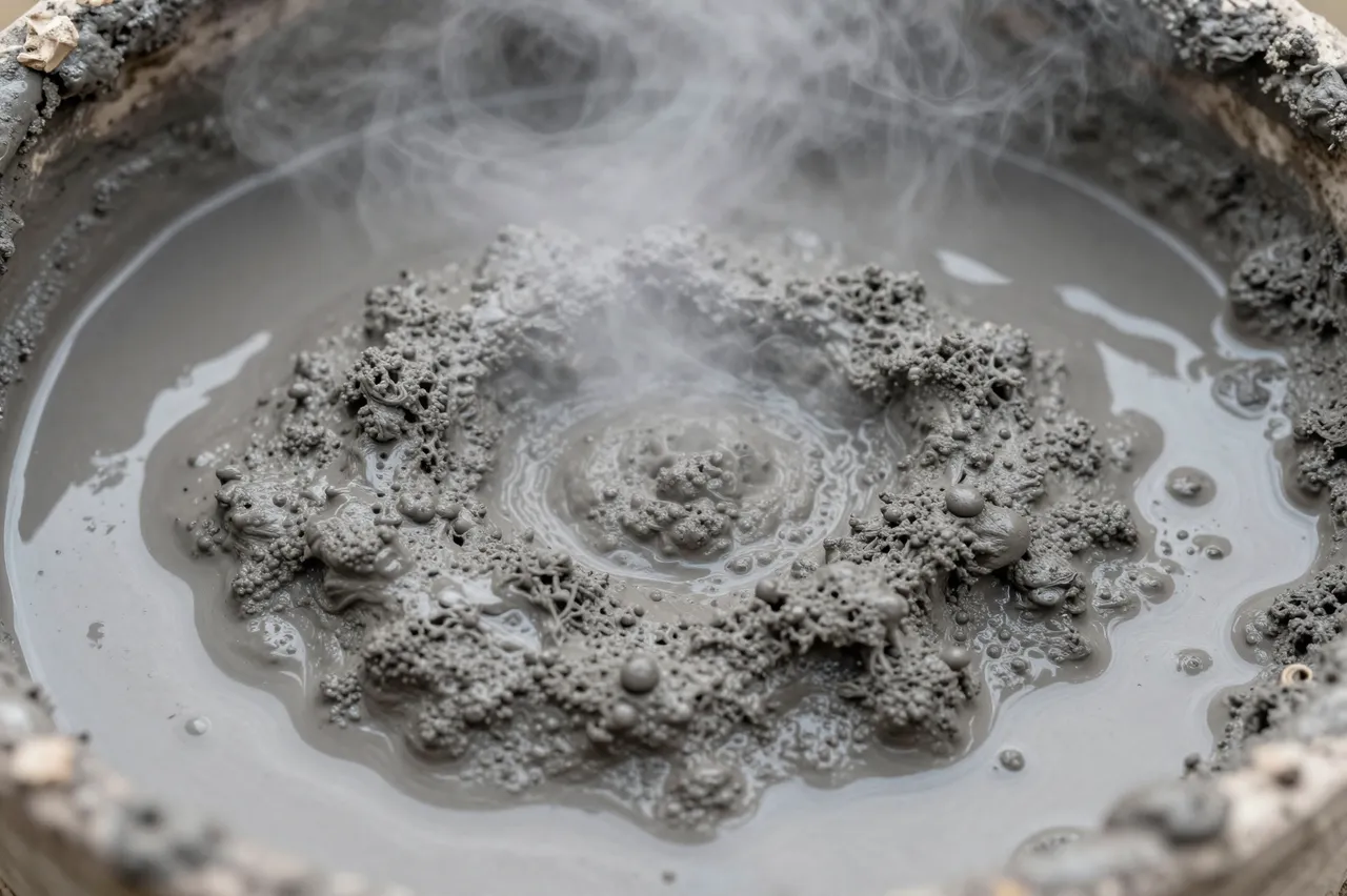 Close-up view of a bubbling gray mud pot with popping mud and wispy rising steam