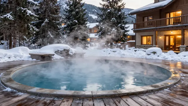 A steaming circular pool sits on a snow-dusted wooden deck beside a warm lit mountain lodge at winter dusk