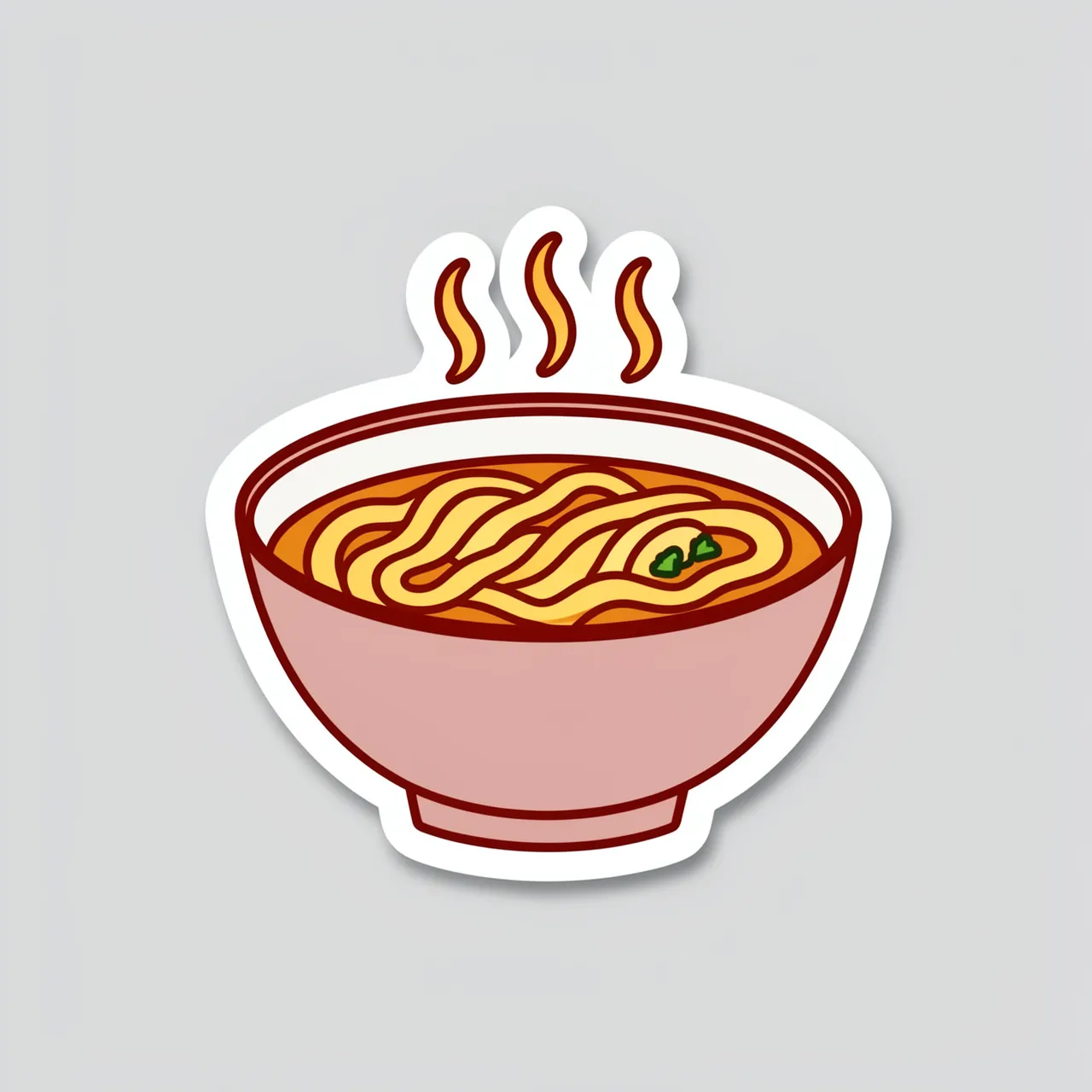 Cute flat die-cut sticker of a steaming ramen bowl set against a plain light gray background