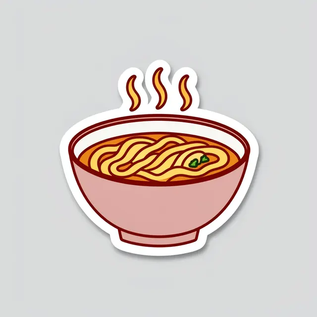 Cute flat die-cut sticker of a steaming ramen bowl set against a plain light gray background