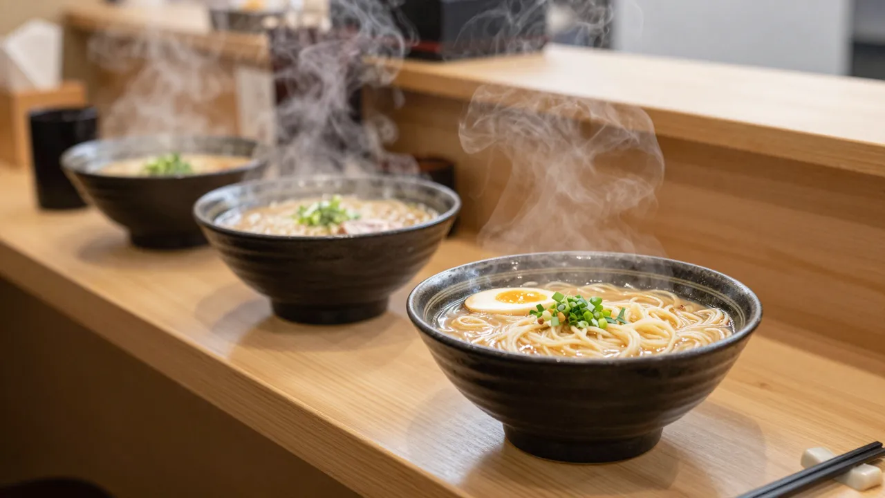 Three steaming bowls of fresh ramen sit in a row on a light wooden narrow noodle bar counter.
