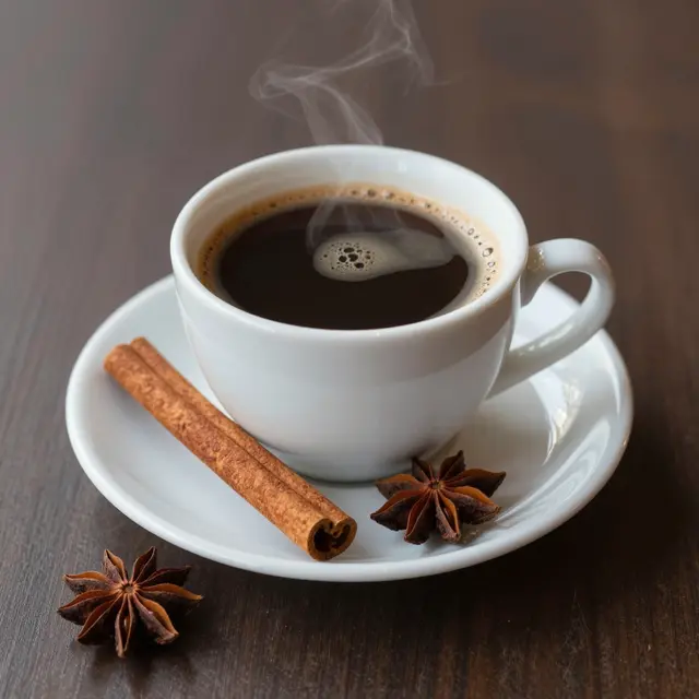 Steaming black coffee in a white cup sits with a cinnamon stick and star anise on a dark wooden table