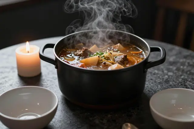 A pot of steaming savory stew sits between two empty bowls next to a lit candle on a dark table.