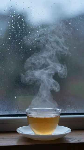 A glass cup of steaming tea rests on a saucer on a wooden windowsill beside rain-streaked glass at dusk.