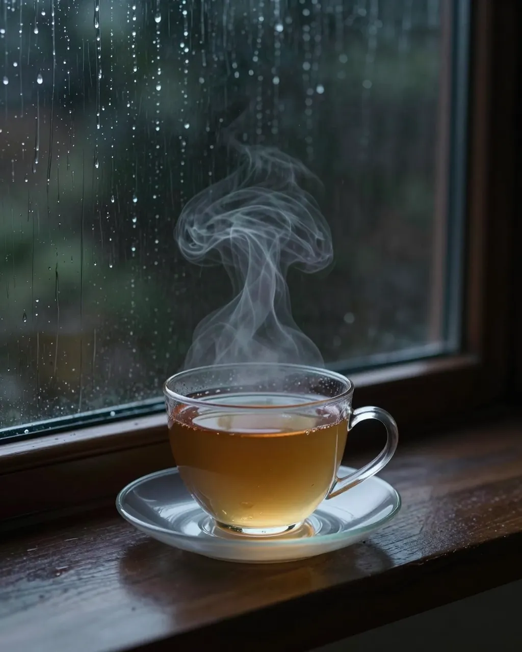 A glass cup of steaming tea rests on a wooden windowsill next to a rain-streaked window at night.