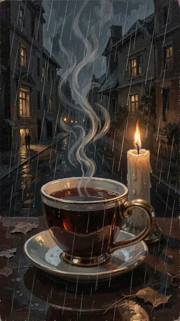 Oil painting of a steaming teacup and lit candle overlooking a rainy old town street at dusk