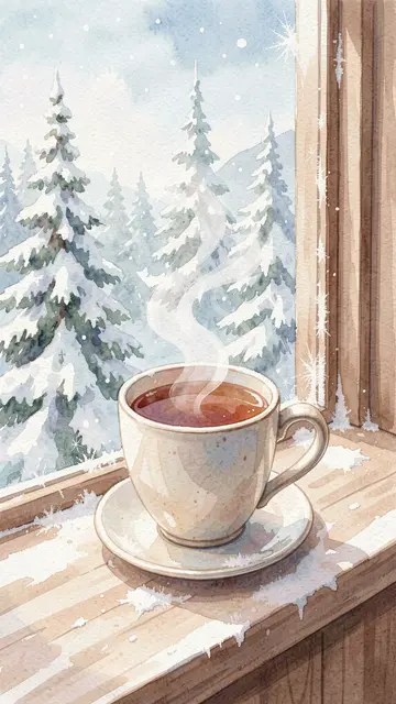 A steaming cup of tea sits on a frosty wooden windowsill with snow-covered pine trees outside