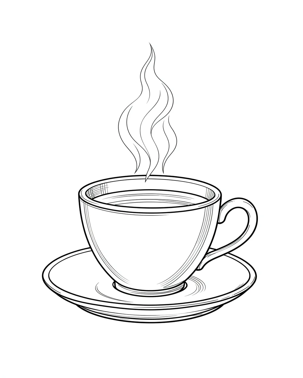 Fine black line drawing of a teacup on a saucer with rising steam against a plain white background
