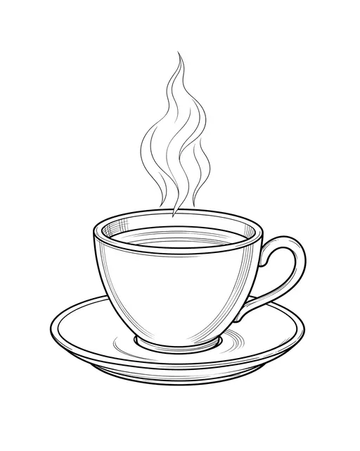 Fine black line drawing of a teacup on a saucer with rising steam against a plain white background