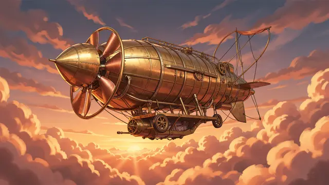 A detailed brass steampunk airship with copper propellers drifts above fluffy sunset clouds