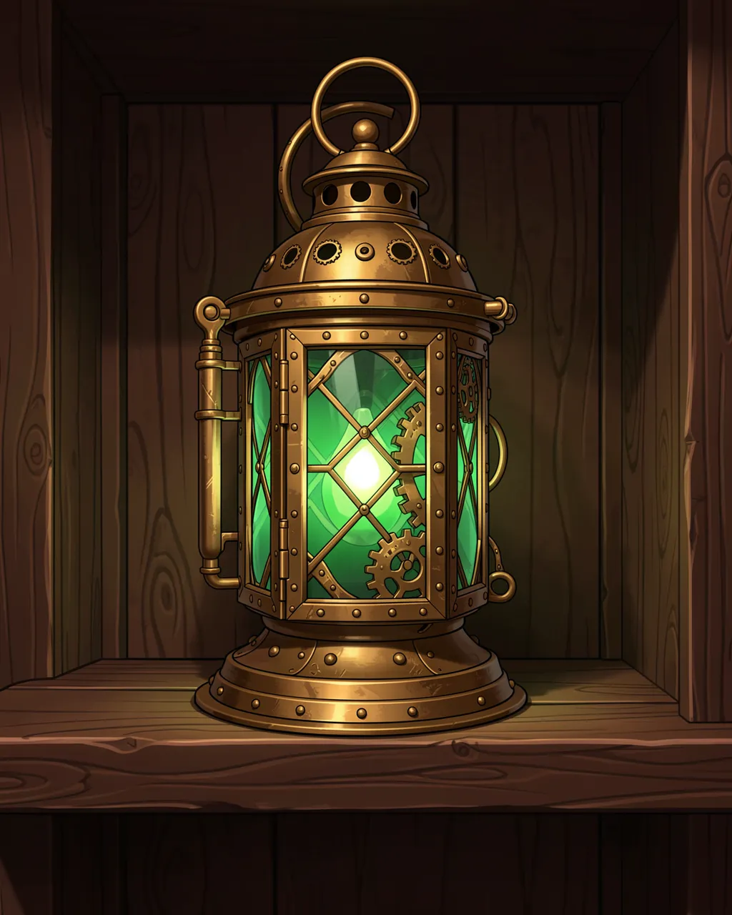An ornate glowing brass steampunk lantern with green glass panes sits on a dark wooden shelf.
