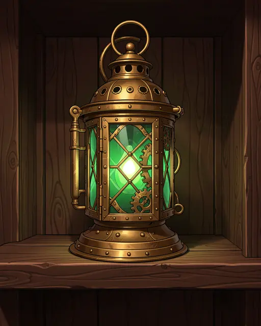 An ornate glowing brass steampunk lantern with green glass panes sits on a dark wooden shelf.