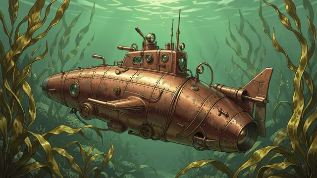 A riveted steampunk copper submarine glides through green underwater water surrounded by tall kelp fronds