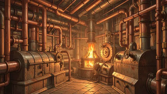 A detailed steampunk engine room lined with copper pipes, riveted boilers and a glowing central furnace.