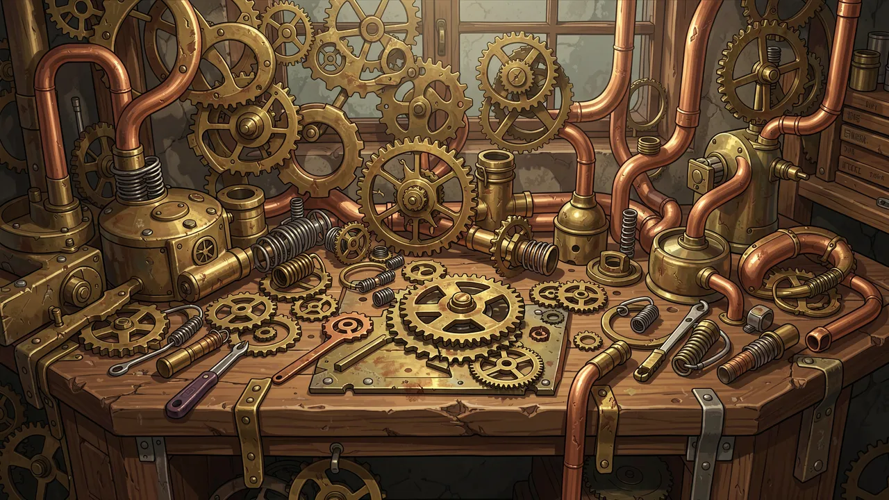 A cluttered wooden inventor's workbench covered in brass gears, copper tubes, and mechanical springs in a steampunk