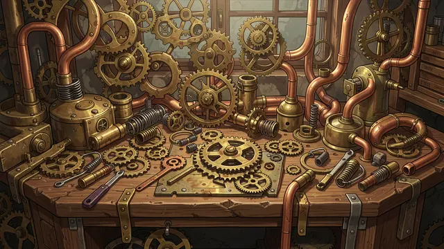 A cluttered wooden inventor's workbench covered in brass gears, copper tubes, and mechanical springs in a steampunk