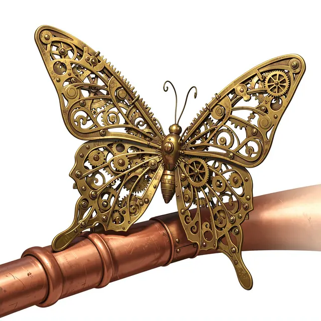 An intricate brass filigree mechanical butterfly rests on a worn copper pipe against a plain white background