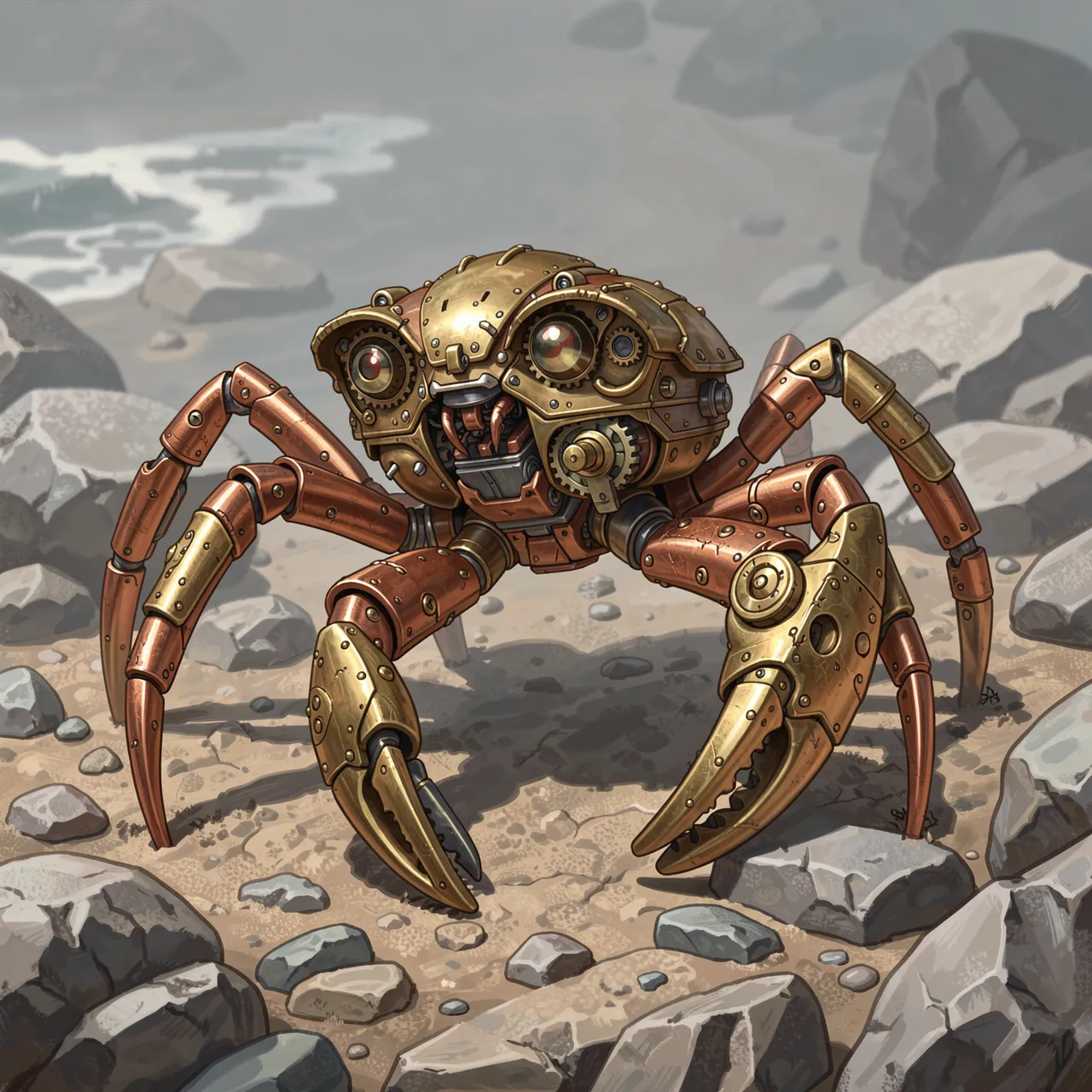 A brass and copper steampunk mechanical crab stands on a rocky sandy shore beside lapping shallow water.