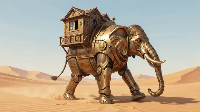 A riveted brass mechanical elephant carrying a wooden cabin walks across sunlit desert sand dunes