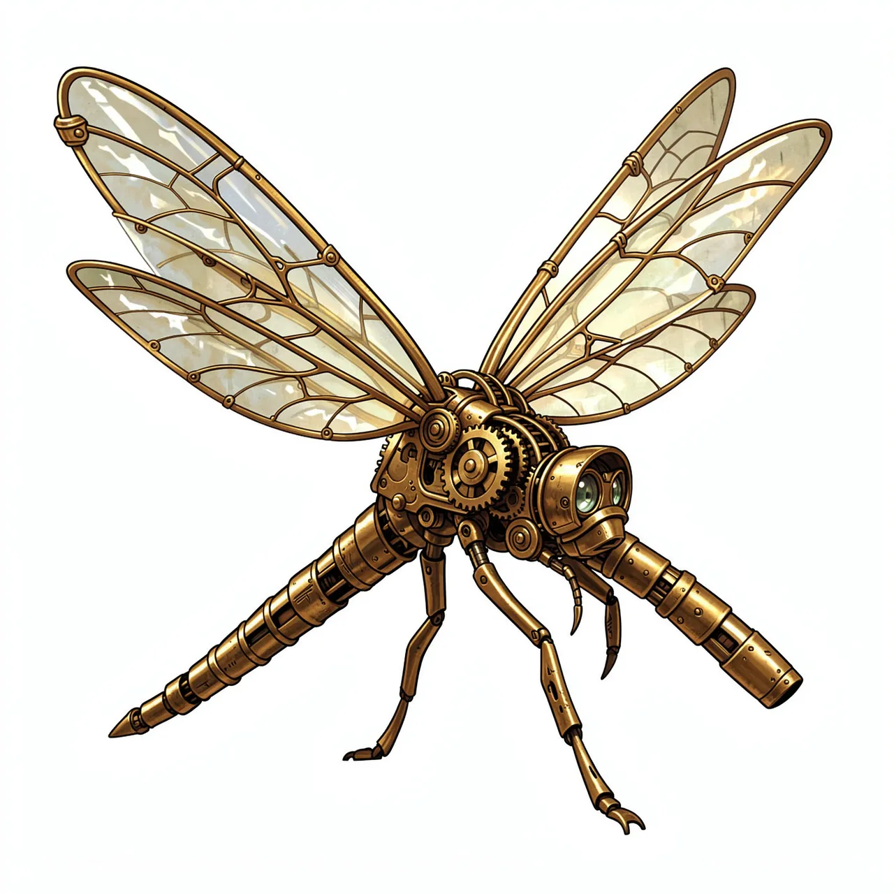 An illustrated brass steampunk mechanical dragonfly with glass wings against a plain white background