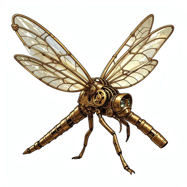 An illustrated brass steampunk mechanical dragonfly with glass wings against a plain white background