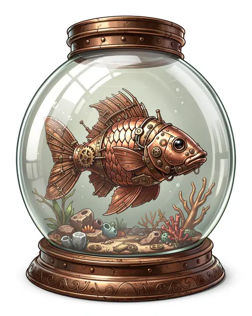 A copper mechanical steampunk fish floats inside a round glass tank on an ornate metal base.