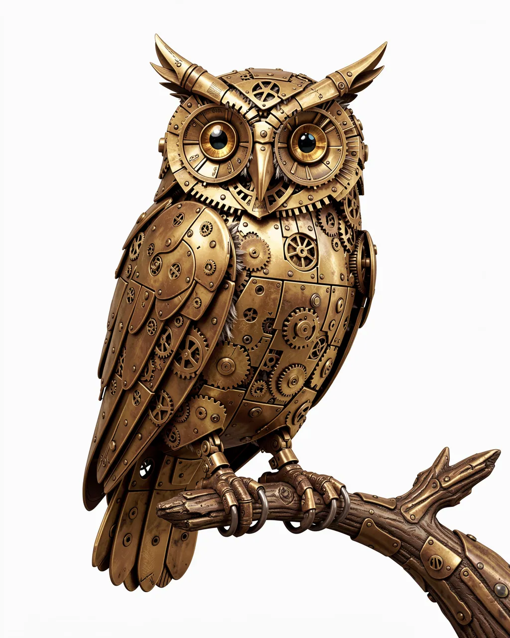 An intricate brass mechanical steampunk owl perched on a mechanical branch against a plain white background
