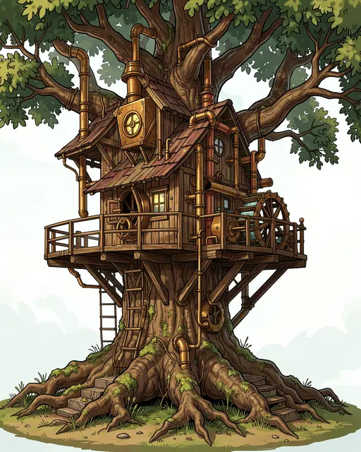 Cartoon illustration of a steampunk wooden treehouse with brass pipes and a water wheel built into a giant oak tree.