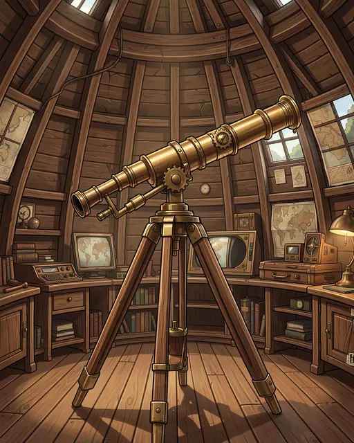 Brass steampunk telescope on a wooden tripod inside a round wood-paneled attic observatory