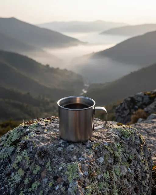 A stainless steel camp mug of coffee sits on a mossy rock overlooking a misty mountain valley at sunrise