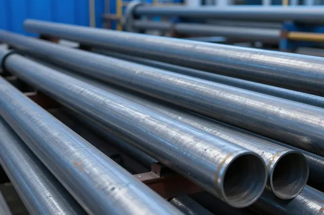 Shiny unlabeled steel pipes rest stacked in rows inside an industrial processing plant under cool blue lighting