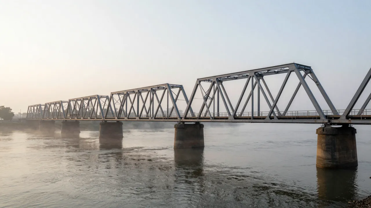 Empty steel truss bridge spans a misty wide river under soft hazy dawn light