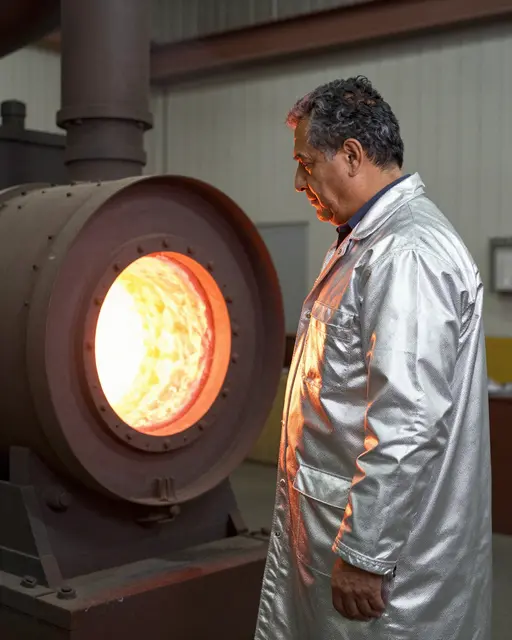 A middle aged Latino steelworker in a silver heat resistant coat stands beside a glowing industrial furnace in side view