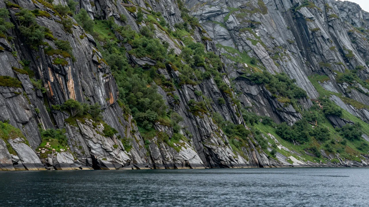 Steep layered gray rock cliffs dotted with green vegetation rise above dark still fjord water