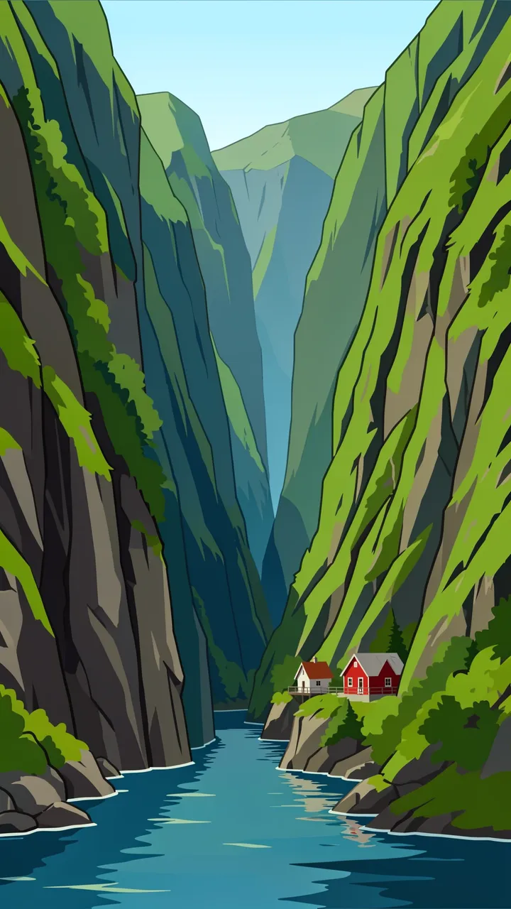 Tall green fjord cliffs frame a narrow blue waterway with small red houses perched on the shore