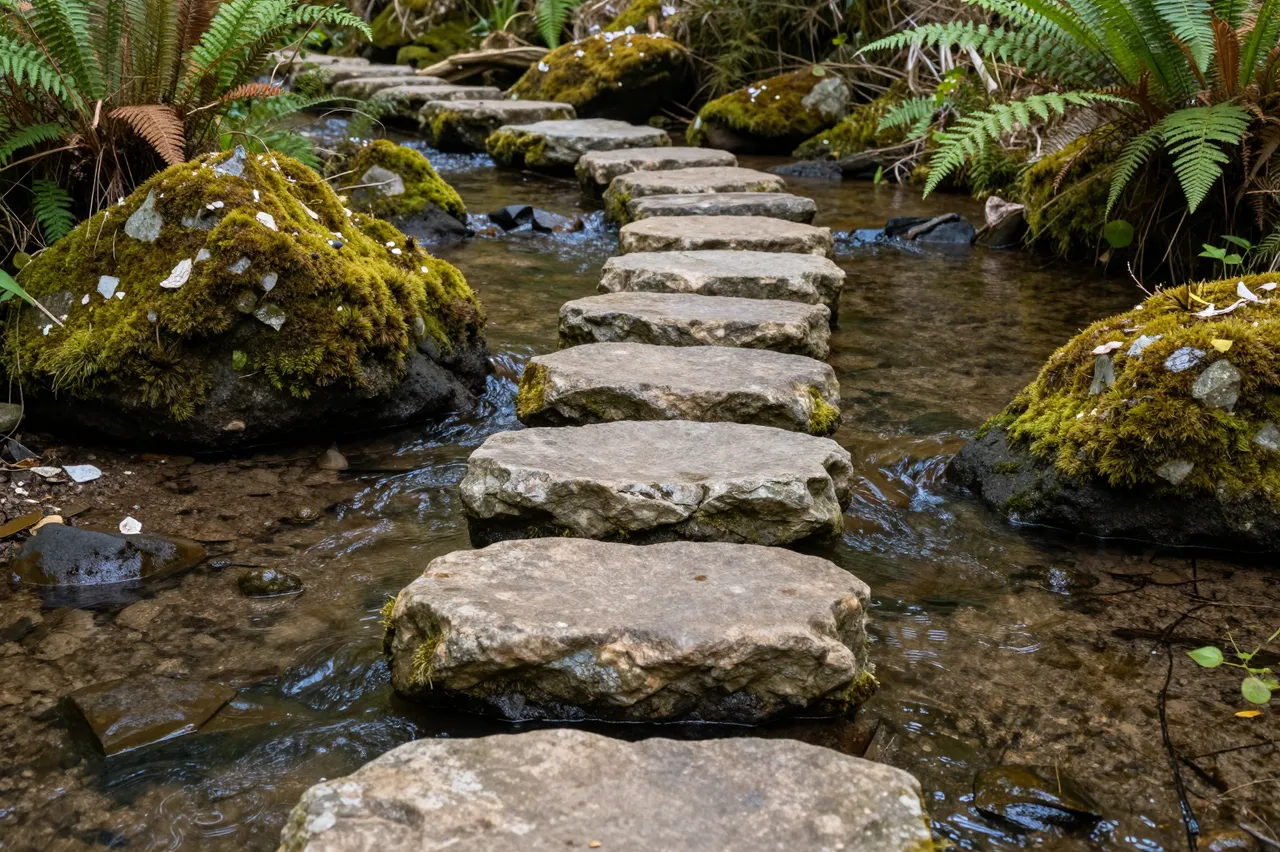 Flat stone stepping stones form a path over a clear shallow forest stream lined with mossy boulders and ferns