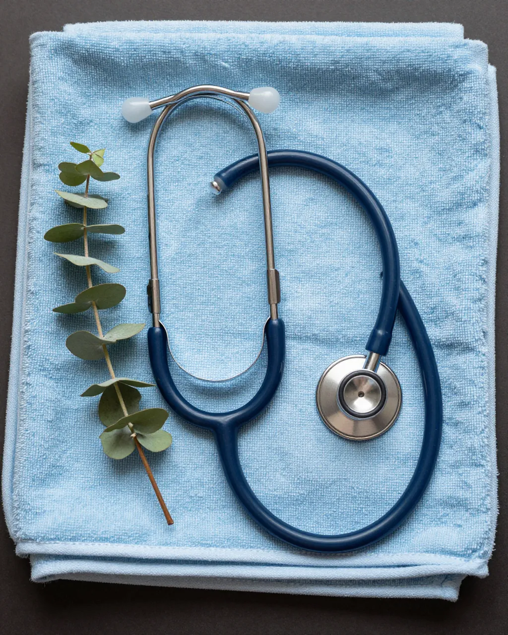 Top view of a coiled stethoscope and eucalyptus sprig resting on a folded pale blue towel over a dark background