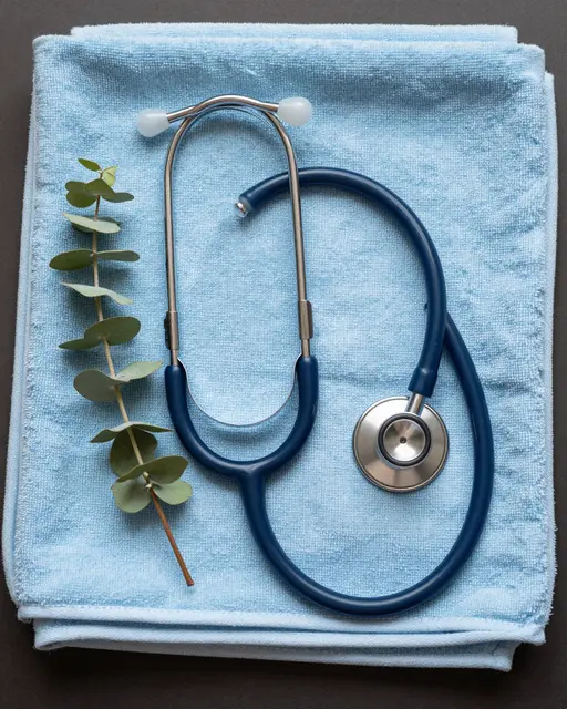 Top view of a coiled stethoscope and eucalyptus sprig resting on a folded pale blue towel over a dark background