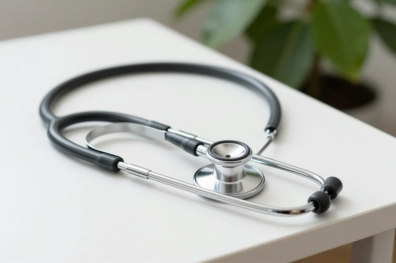 A stethoscope rests on a white desk with a blurred houseplant in the background.