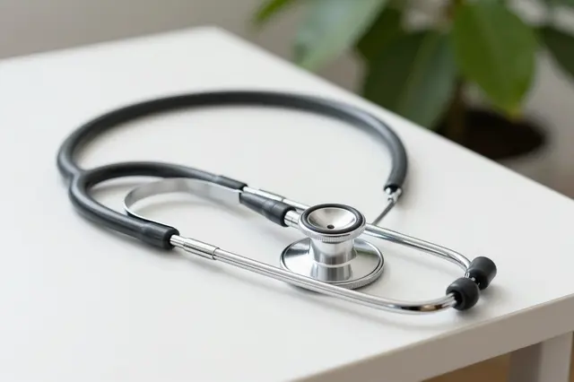 A stethoscope rests on a white desk with a blurred houseplant in the background.