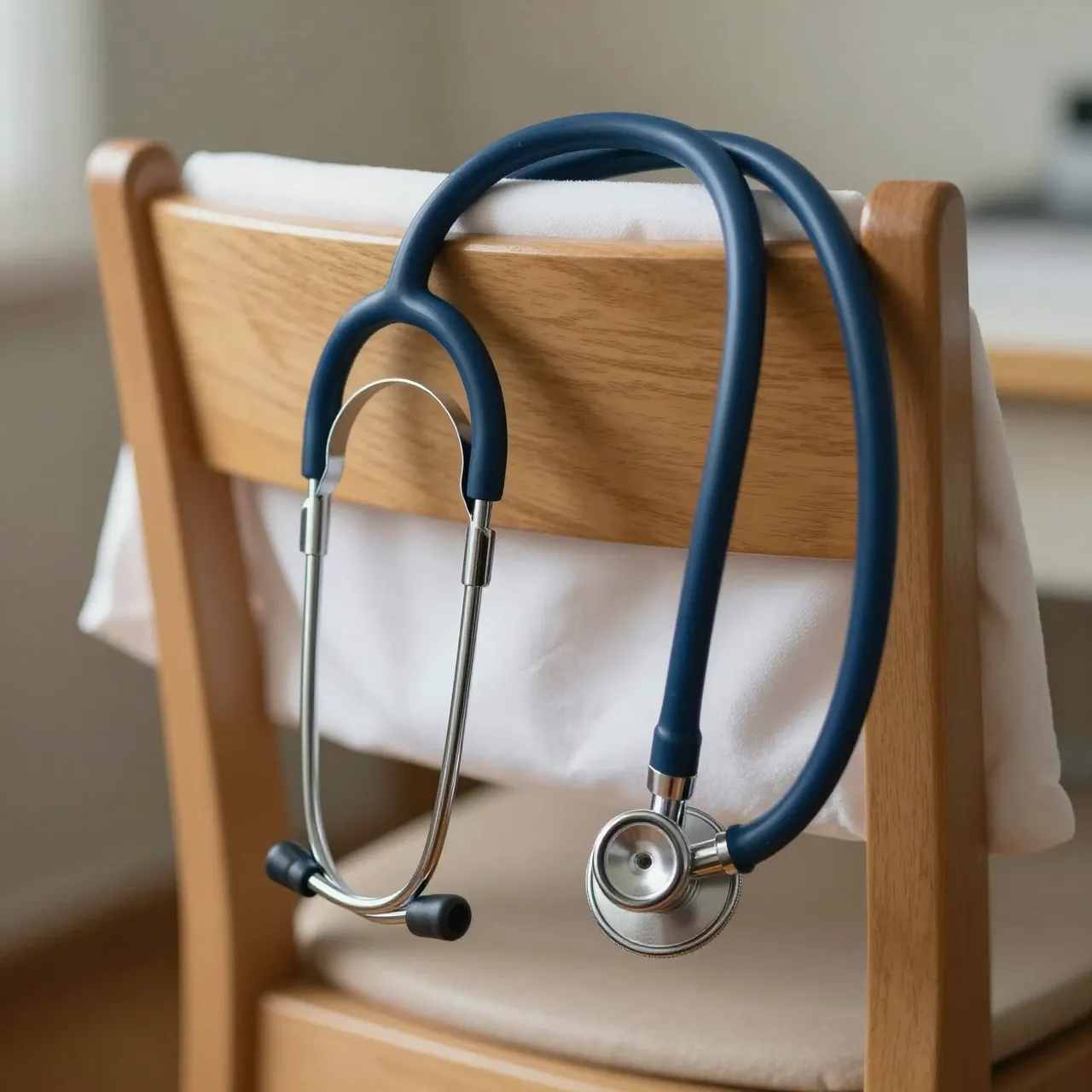 A navy blue stethoscope draped over the back of a light wooden chair in soft diffused morning light