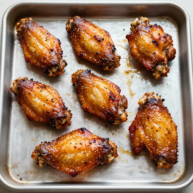 Top view of glazed seasoned barbecue chicken wings arranged on a metal baking tray