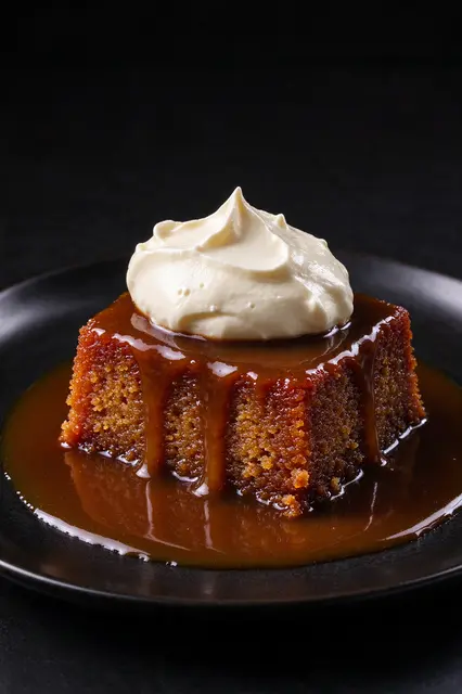 Sticky toffee pudding drizzled with glossy toffee sauce and topped with clotted cream sits on a dark plate.