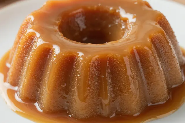 Close-up of a ring-shaped sticky toffee pudding drizzled with glossy caramel toffee sauce on a white plate