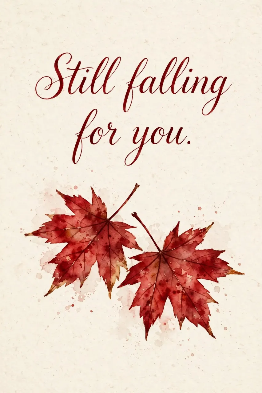 Watercolor of two red maple leaves on cream textured paper with dark red script text reading "Still falling for you."