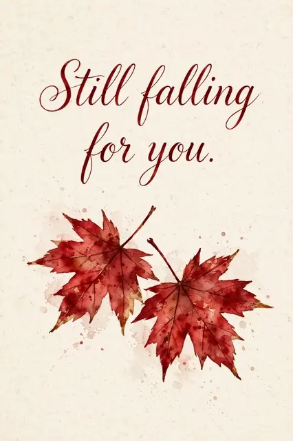 Watercolor of two red maple leaves on cream textured paper with dark red script text reading "Still falling for you."