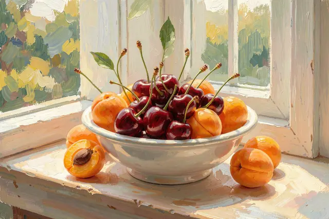 Impressionist oil painting of a white bowl of cherries and apricots lit by sunlight on a wooden windowsill