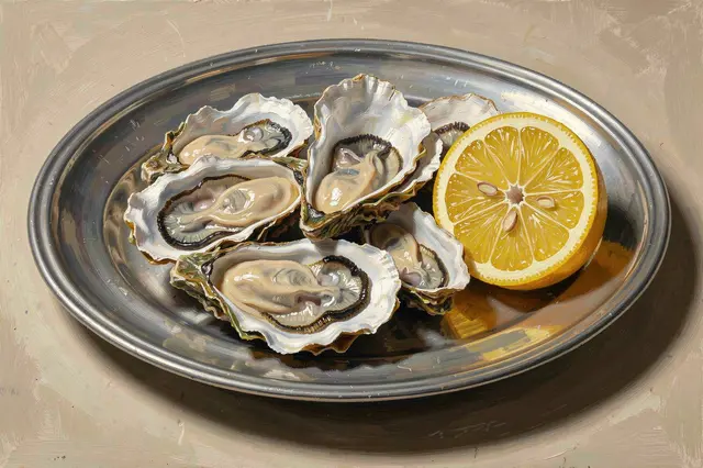 Textured oil painting of fresh shucked oysters and a lemon half arranged on a round pewter plate